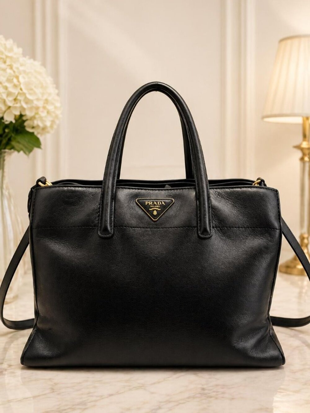 Authentic Prada Black Leather Tote Bag Crossbody Satchel Gold Hardware Large Lux